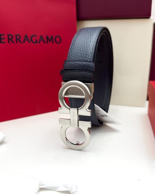 Ferragamo Brushed Gancini Blue/Black Leather Belt - Luxury belt - A&A Brand Gallery Egypt