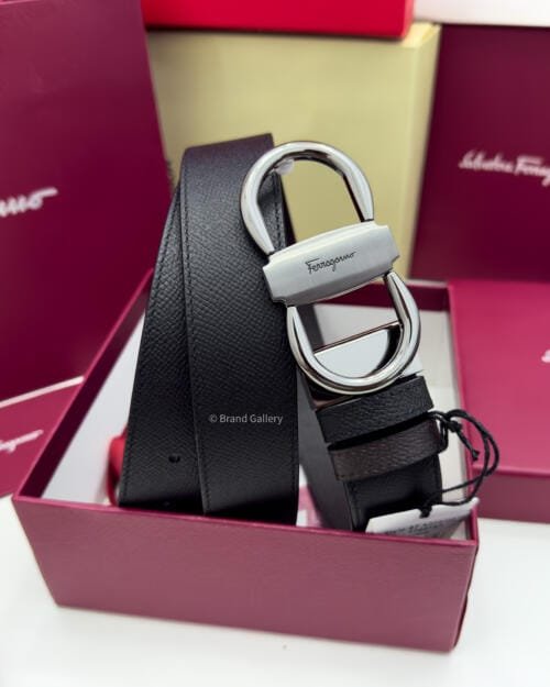 Ferragamo Gancini Black/Brown Textured Leather Belt - Luxury belt - A&A Brand Gallery Egypt