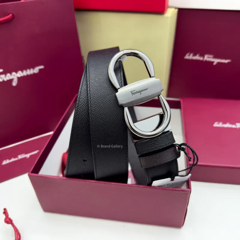 Ferragamo Gancini Black/Brown Textured Leather Belt - Luxury belt - A&A Brand Gallery Egypt