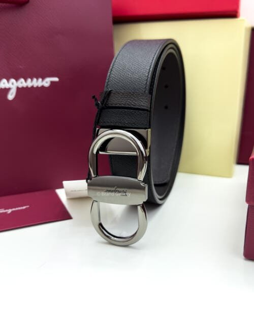 Ferragamo Gancini Black/Brown Textured Leather Belt - Luxury belt - A&A Brand Gallery Egypt