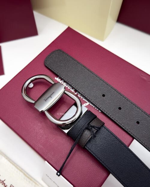 Ferragamo Gancini Black/Brown Textured Leather Belt - Luxury belt - A&A Brand Gallery Egypt