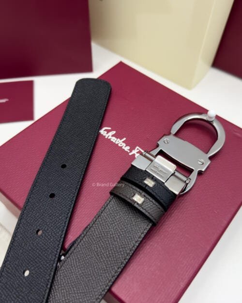 Ferragamo Gancini Black/Brown Textured Leather Belt - Luxury belt - A&A Brand Gallery Egypt
