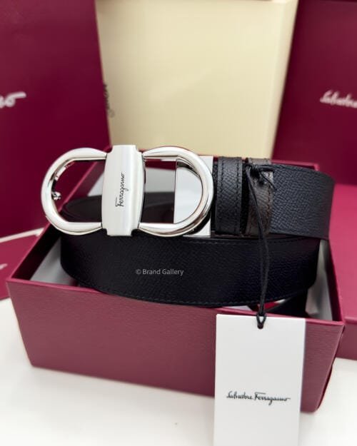 Ferragamo Silver Gancini Black/Brown Textured Leather Belt - Luxury belt - A&A Brand Gallery Egypt