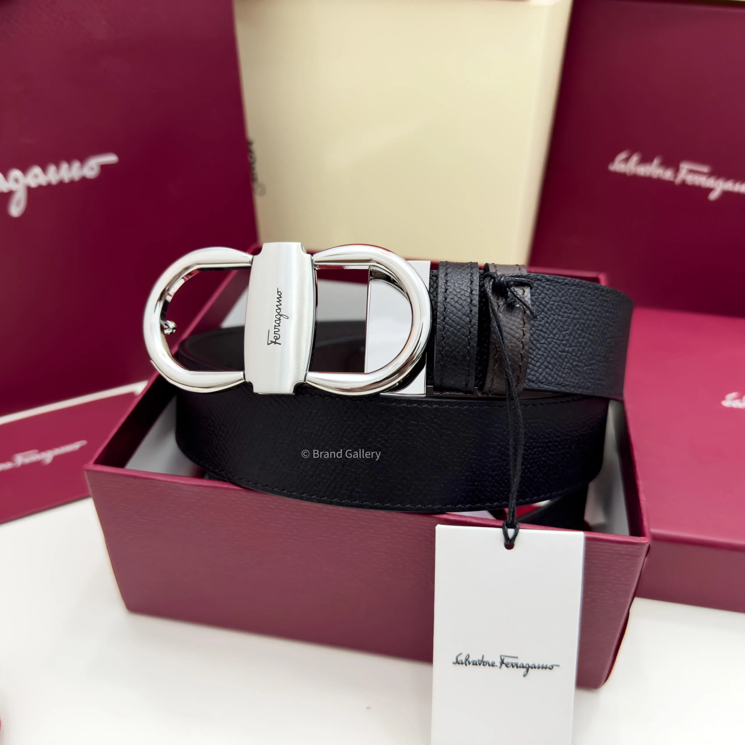 Ferragamo Silver Gancini Black/Brown Textured Leather Belt - Luxury belt - A&A Brand Gallery Egypt