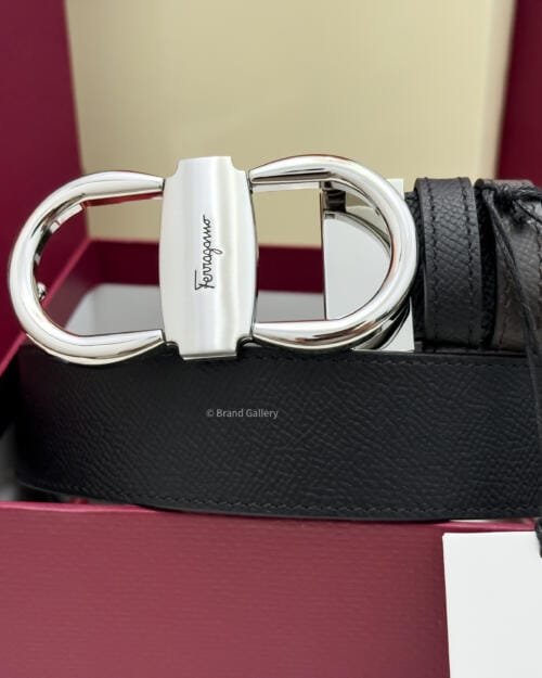 Ferragamo Silver Gancini Black/Brown Textured Leather Belt - Luxury belt - A&A Brand Gallery Egypt