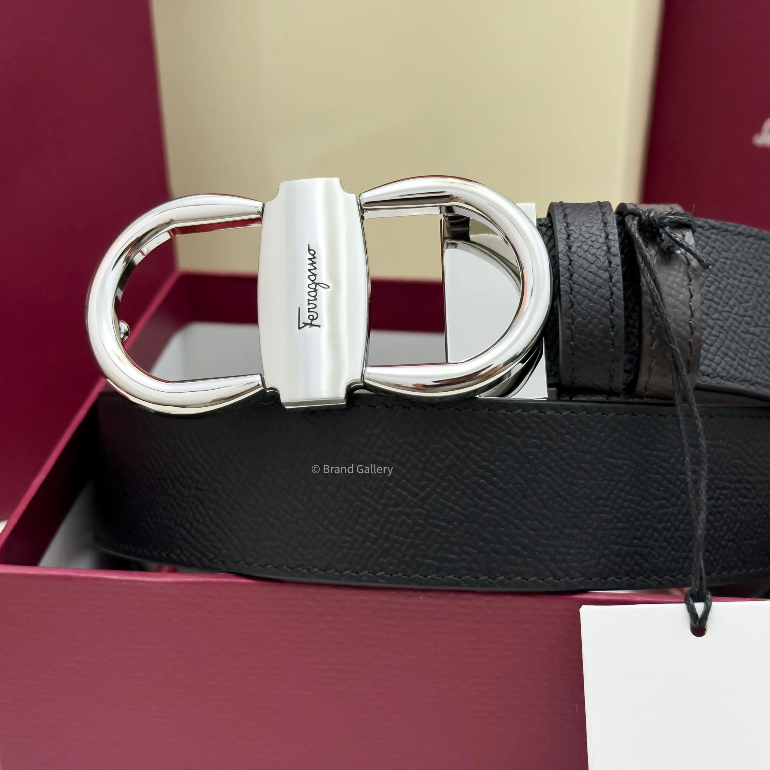 Ferragamo Silver Gancini Black/Brown Textured Leather Belt - Luxury belt - A&A Brand Gallery Egypt