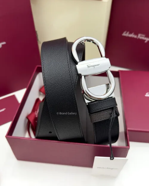Ferragamo Silver Gancini Black/Brown Textured Leather Belt - Luxury belt - A&A Brand Gallery Egypt