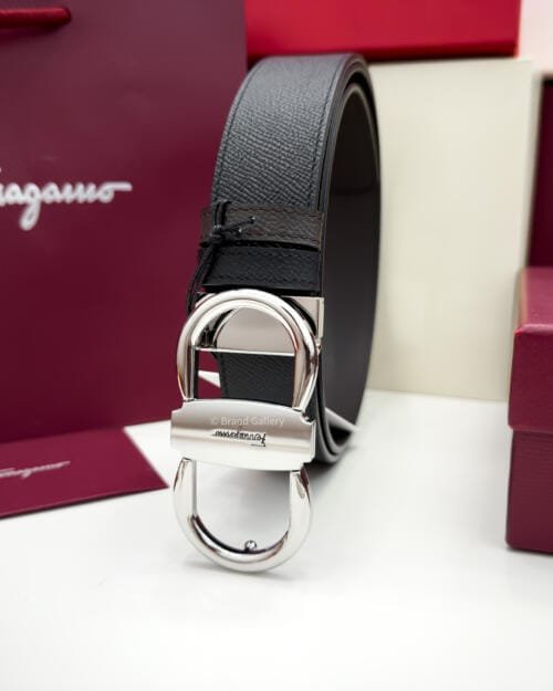 Ferragamo Silver Gancini Black/Brown Textured Leather Belt - Luxury belt - A&A Brand Gallery Egypt