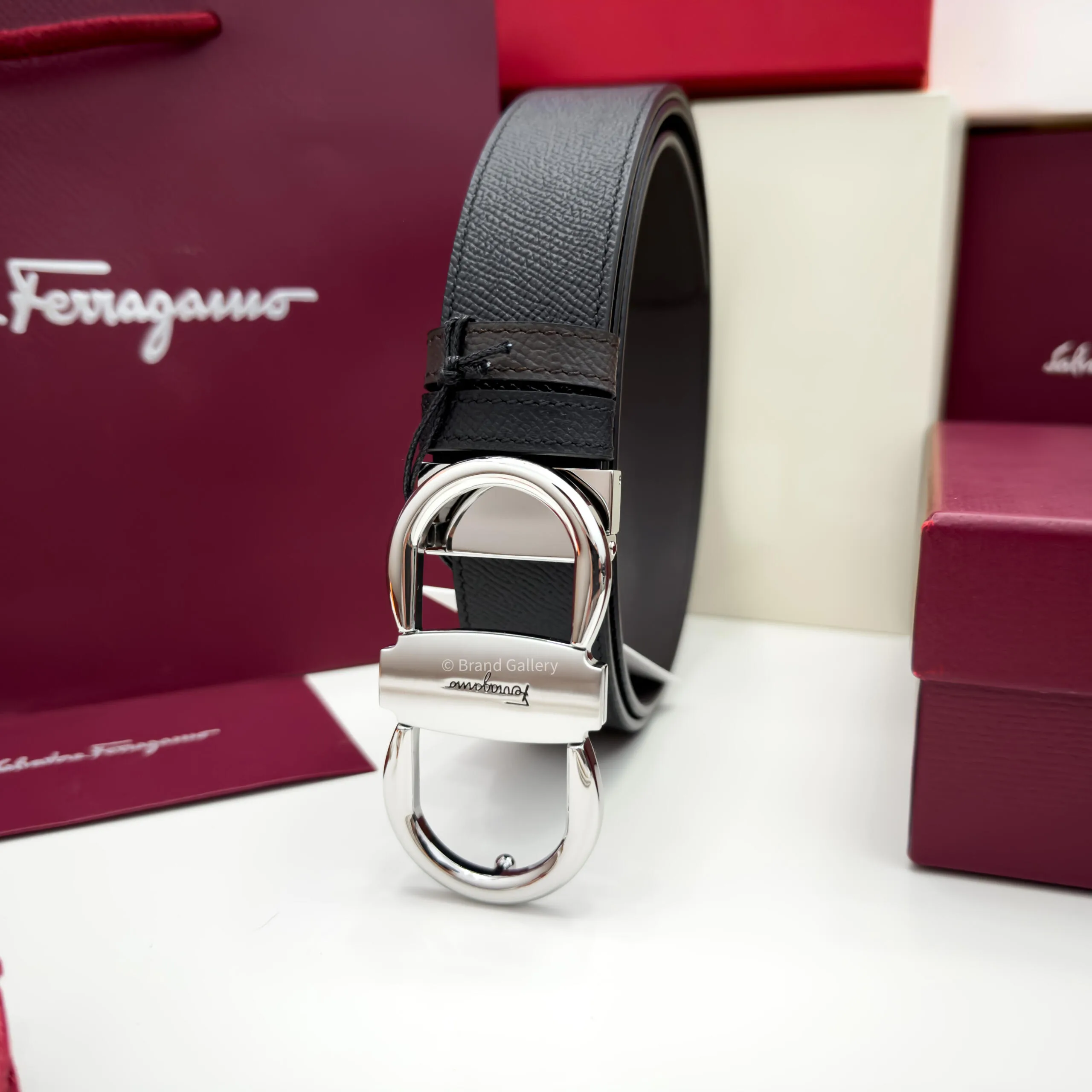 Ferragamo Silver Gancini Black/Brown Textured Leather Belt - Luxury belt - A&A Brand Gallery Egypt