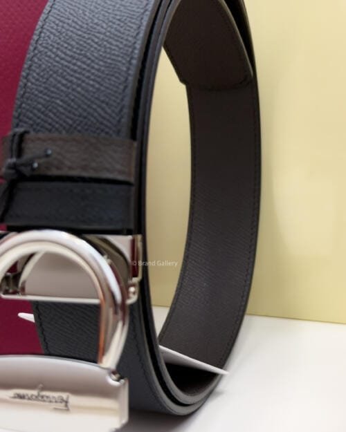 Ferragamo Silver Gancini Black/Brown Textured Leather Belt - Luxury belt - A&A Brand Gallery Egypt