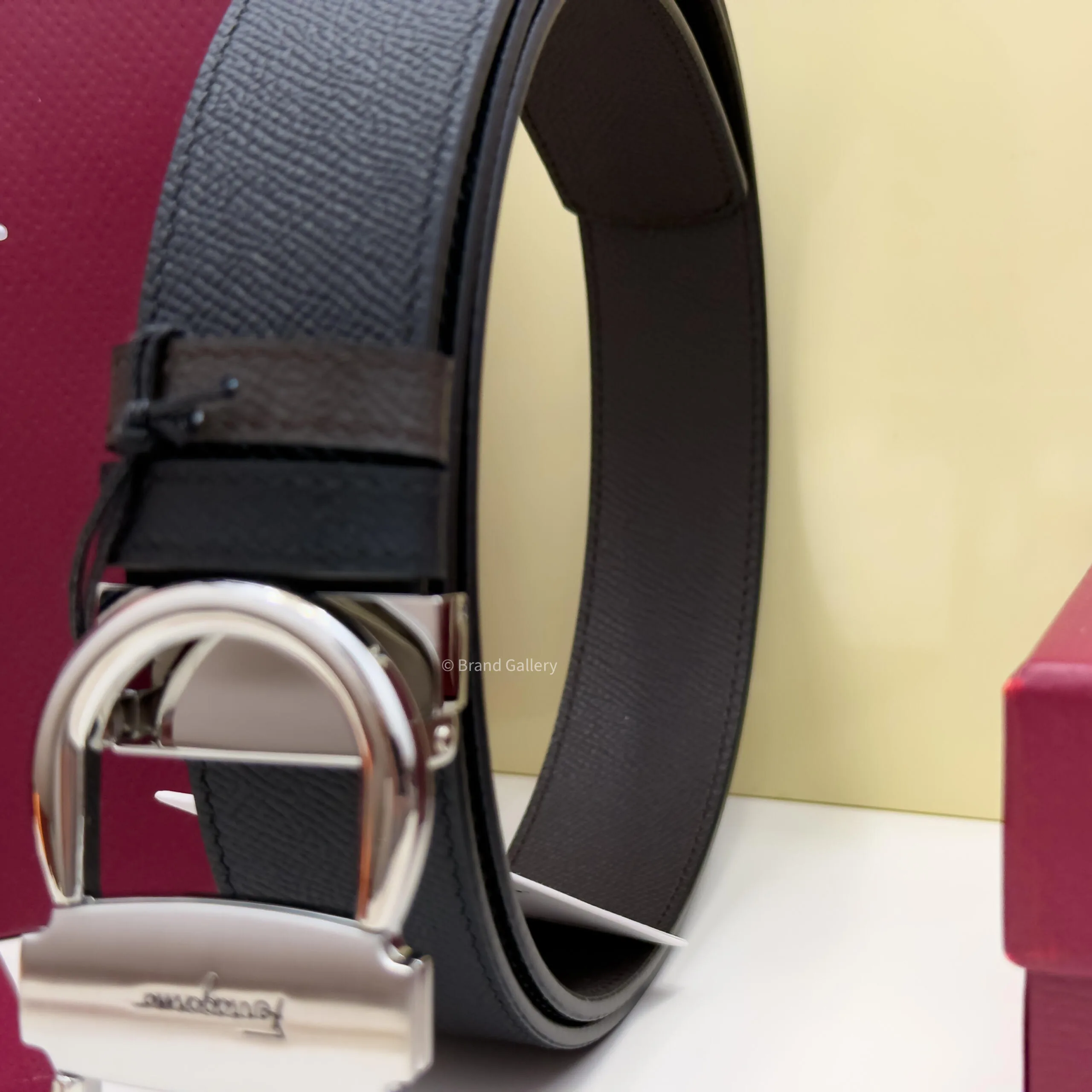 Ferragamo Silver Gancini Black/Brown Textured Leather Belt - Luxury belt - A&A Brand Gallery Egypt