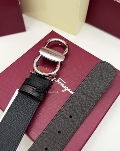 Ferragamo Silver Gancini Black/Brown Textured Leather Belt - Luxury belt - A&A Brand Gallery Egypt