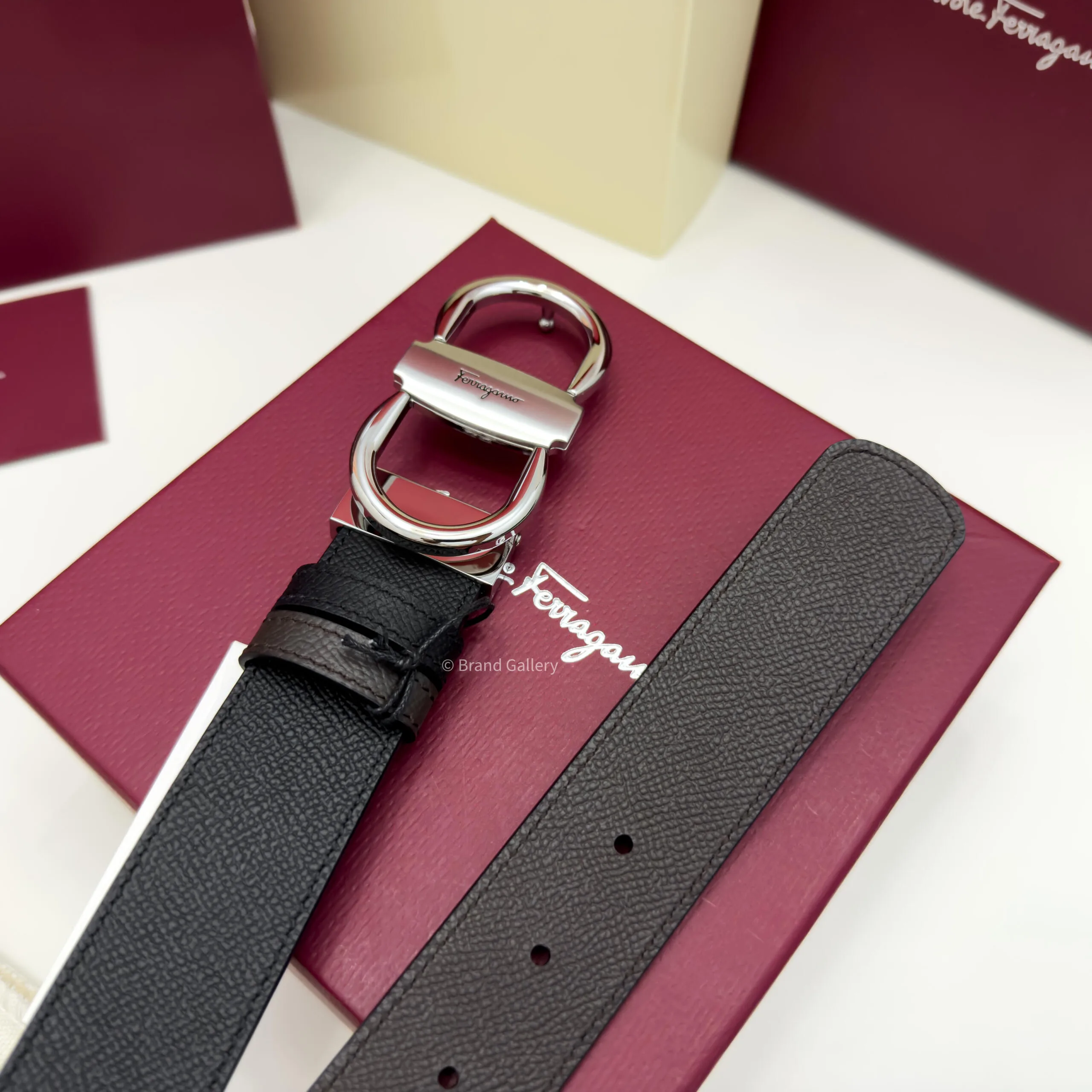 Ferragamo Silver Gancini Black/Brown Textured Leather Belt - Luxury belt - A&A Brand Gallery Egypt
