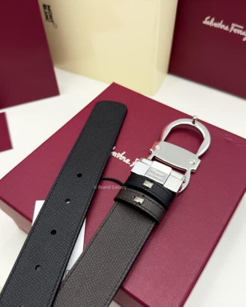 Ferragamo Silver Gancini Black/Brown Textured Leather Belt - Luxury belt - A&A Brand Gallery Egypt