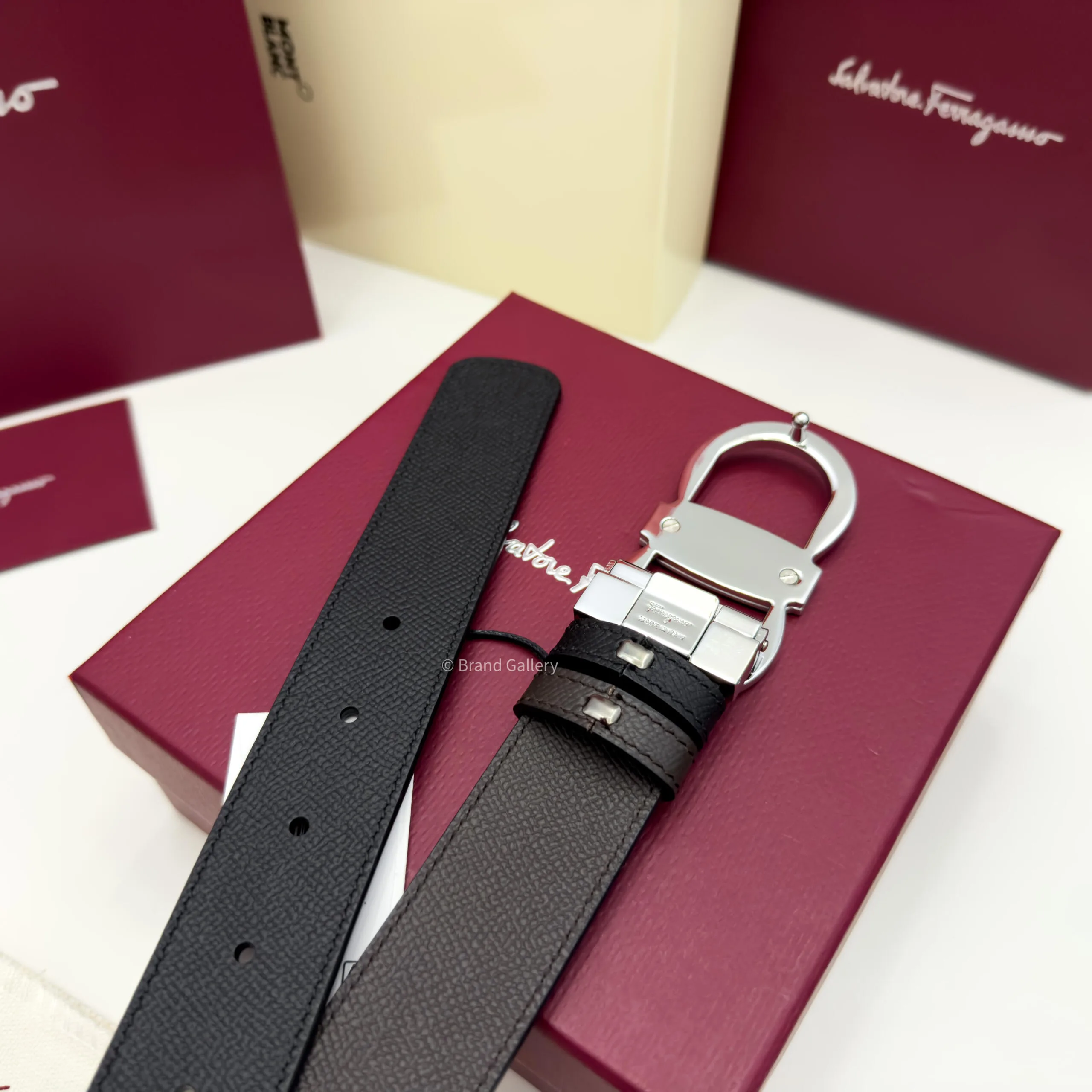 Ferragamo Silver Gancini Black/Brown Textured Leather Belt - Luxury belt - A&A Brand Gallery Egypt