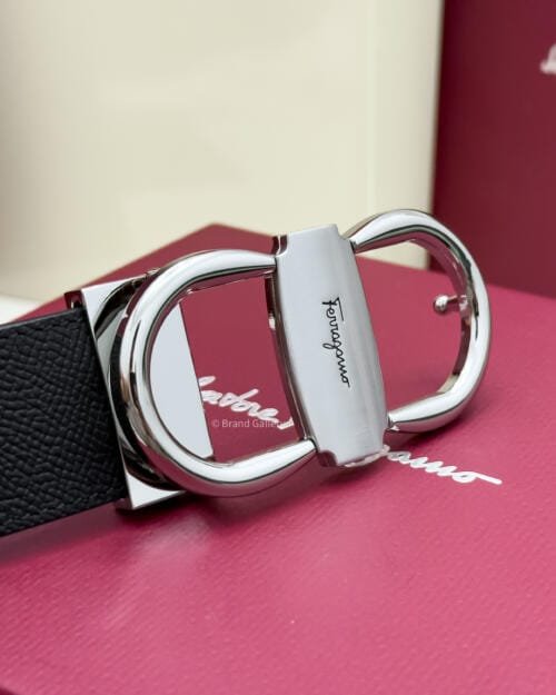Ferragamo Silver Gancini Black/Brown Textured Leather Belt - Luxury belt - A&A Brand Gallery Egypt
