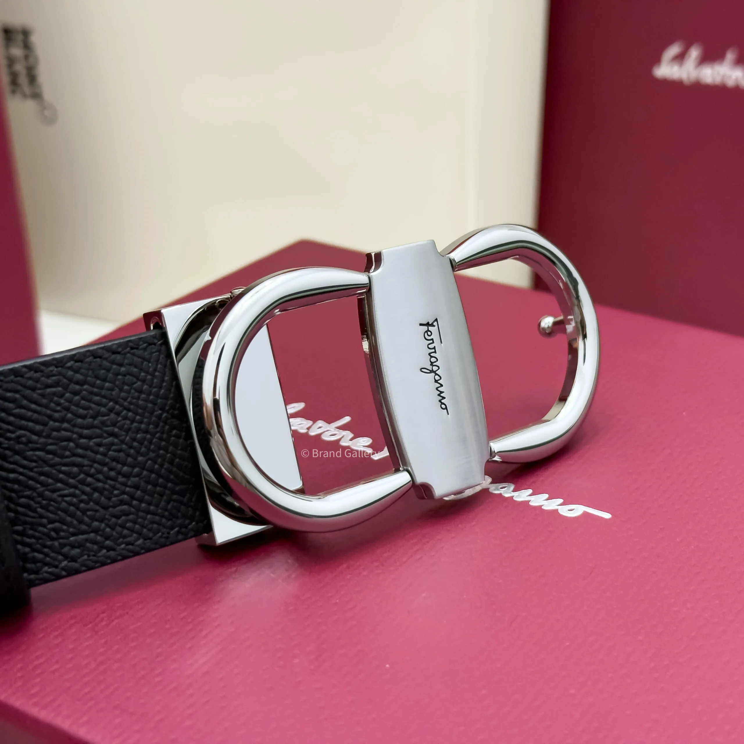 Ferragamo Silver Gancini Black/Brown Textured Leather Belt - Luxury belt - A&A Brand Gallery Egypt