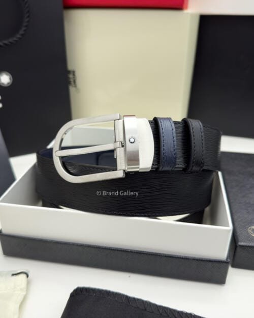 Montblanc Horseshoe Black & Blue Engraved Leather Belt - Luxury belt - A&A Brand Gallery Egypt