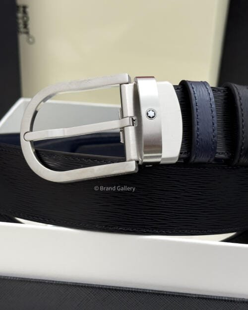 Montblanc Horseshoe Black & Blue Engraved Leather Belt - Luxury belt - A&A Brand Gallery Egypt