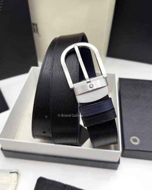 Montblanc Horseshoe Black & Blue Engraved Leather Belt - Luxury belt - A&A Brand Gallery Egypt