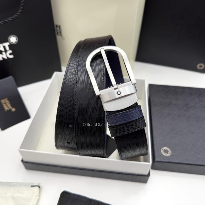 Montblanc Horseshoe Black & Blue Engraved Leather Belt - Luxury belt - A&A Brand Gallery Egypt