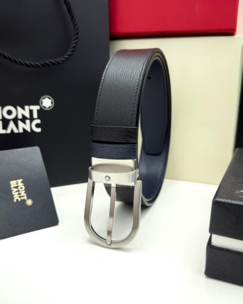 Montblanc Horseshoe Black & Blue Engraved Leather Belt - Luxury belt - A&A Brand Gallery Egypt