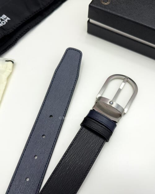 Montblanc Horseshoe Black & Blue Engraved Leather Belt - Luxury belt - A&A Brand Gallery Egypt