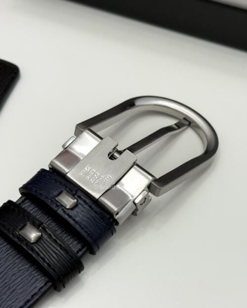 Montblanc Horseshoe Black & Blue Engraved Leather Belt - Luxury belt - A&A Brand Gallery Egypt