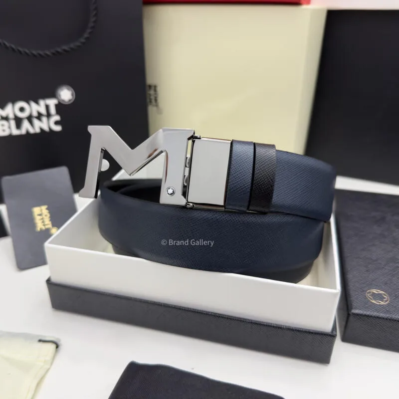 Montblanc Gunmetal M Buckle Blue & Black Leather Belt - Luxury belt - A&A Brand Gallery Egypt