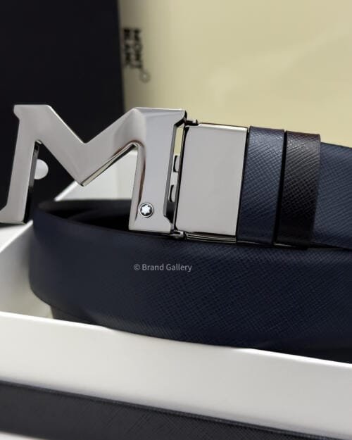 Montblanc Gunmetal M Buckle Blue & Black Leather Belt - Luxury belt - A&A Brand Gallery Egypt