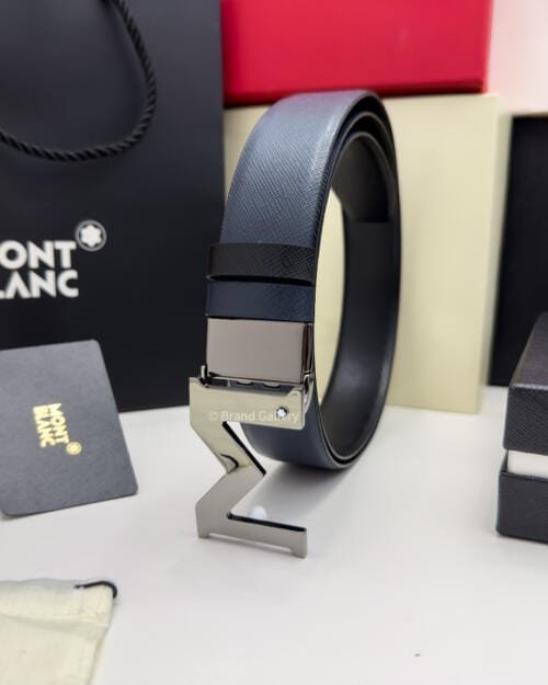 Montblanc Gunmetal M Buckle Blue & Black Leather Belt - Luxury belt - A&A Brand Gallery Egypt