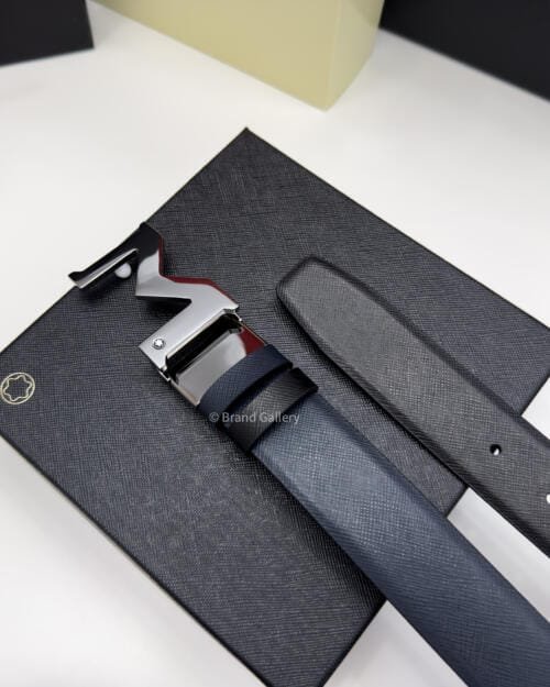 Montblanc Gunmetal M Buckle Blue & Black Leather Belt - Luxury belt - A&A Brand Gallery Egypt