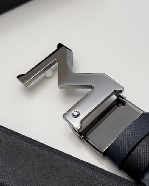 Montblanc Gunmetal M Buckle Blue & Black Leather Belt - Luxury belt - A&A Brand Gallery Egypt