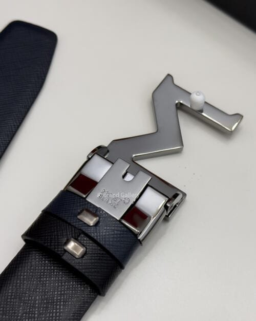 Montblanc Gunmetal M Buckle Blue & Black Leather Belt - Luxury belt - A&A Brand Gallery Egypt