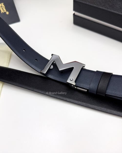Montblanc Gunmetal M Buckle Blue & Black Leather Belt - Luxury belt - A&A Brand Gallery Egypt