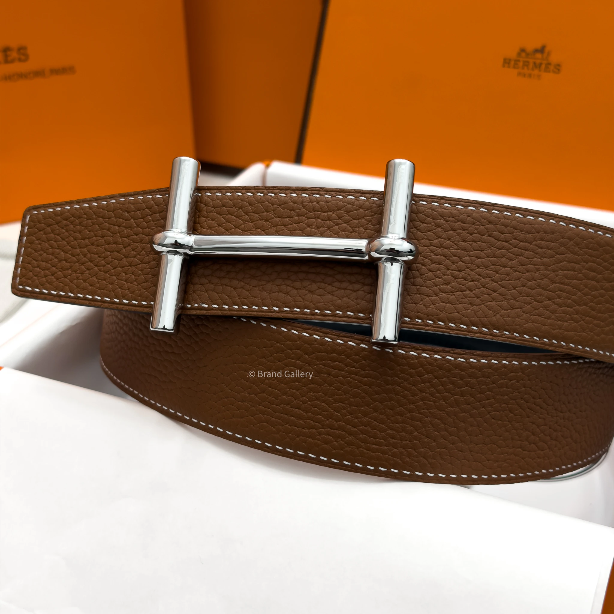 Hermes H Buckle Havan/Black Reversible Belt