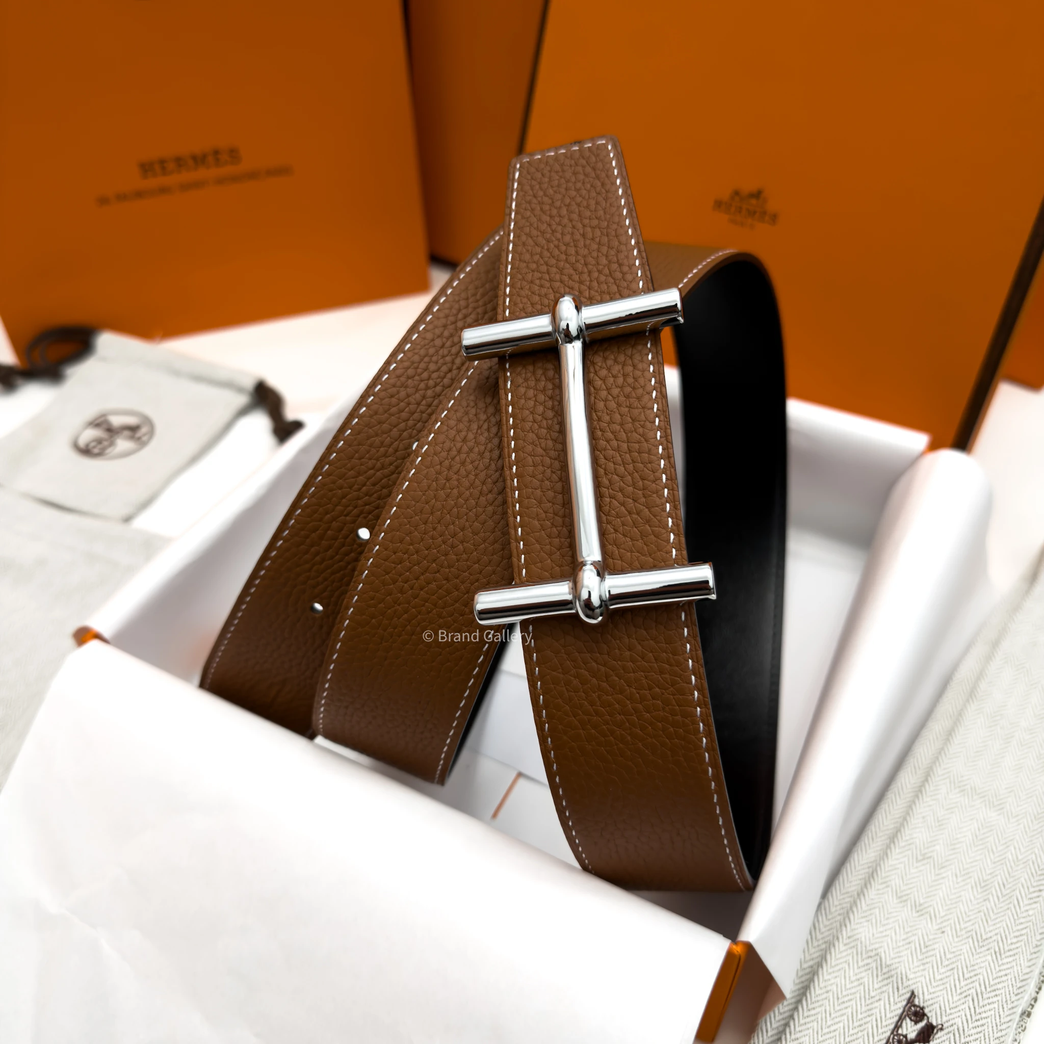 Hermes H Buckle Havan/Black Reversible Belt
