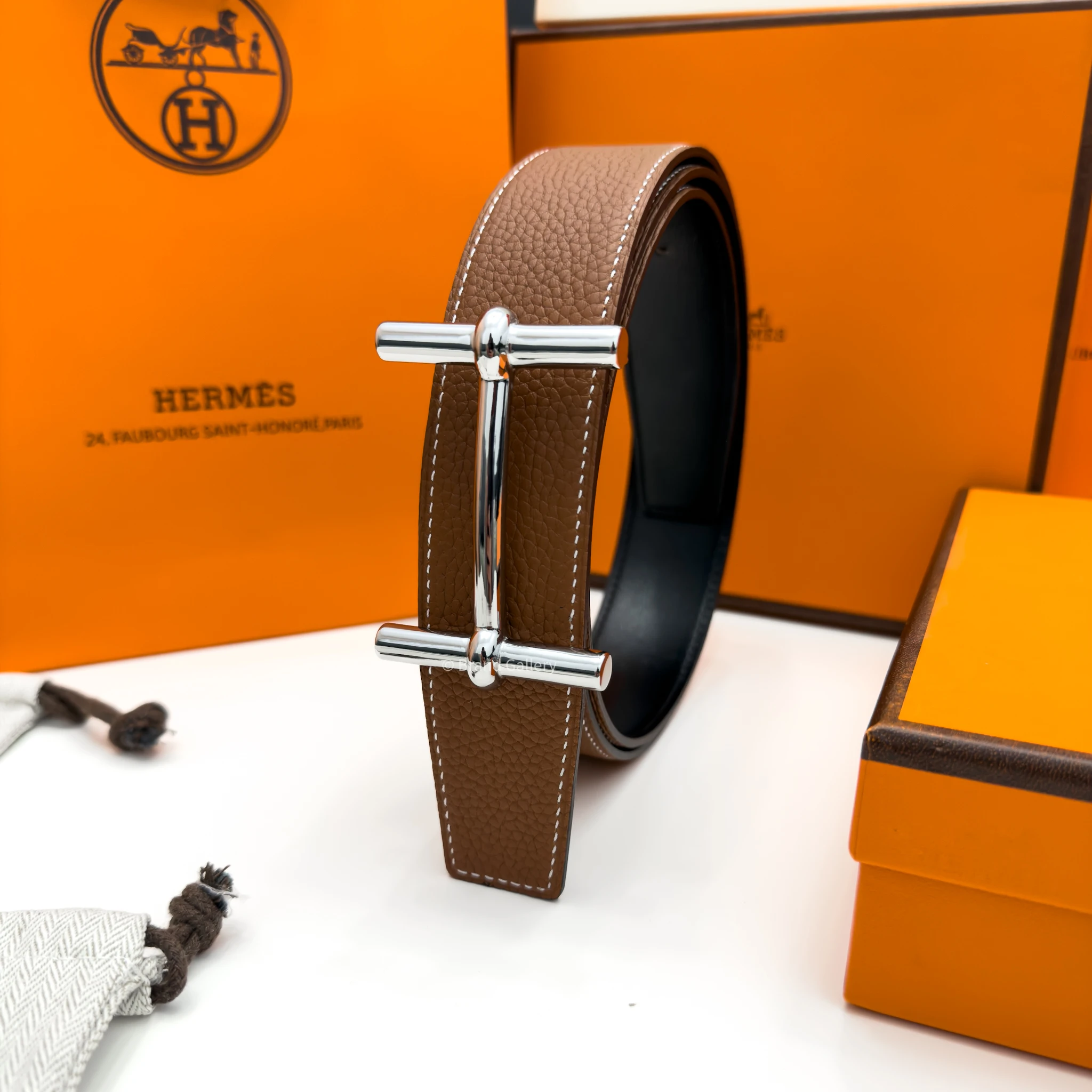 Hermes H Buckle Havan/Black Reversible Belt