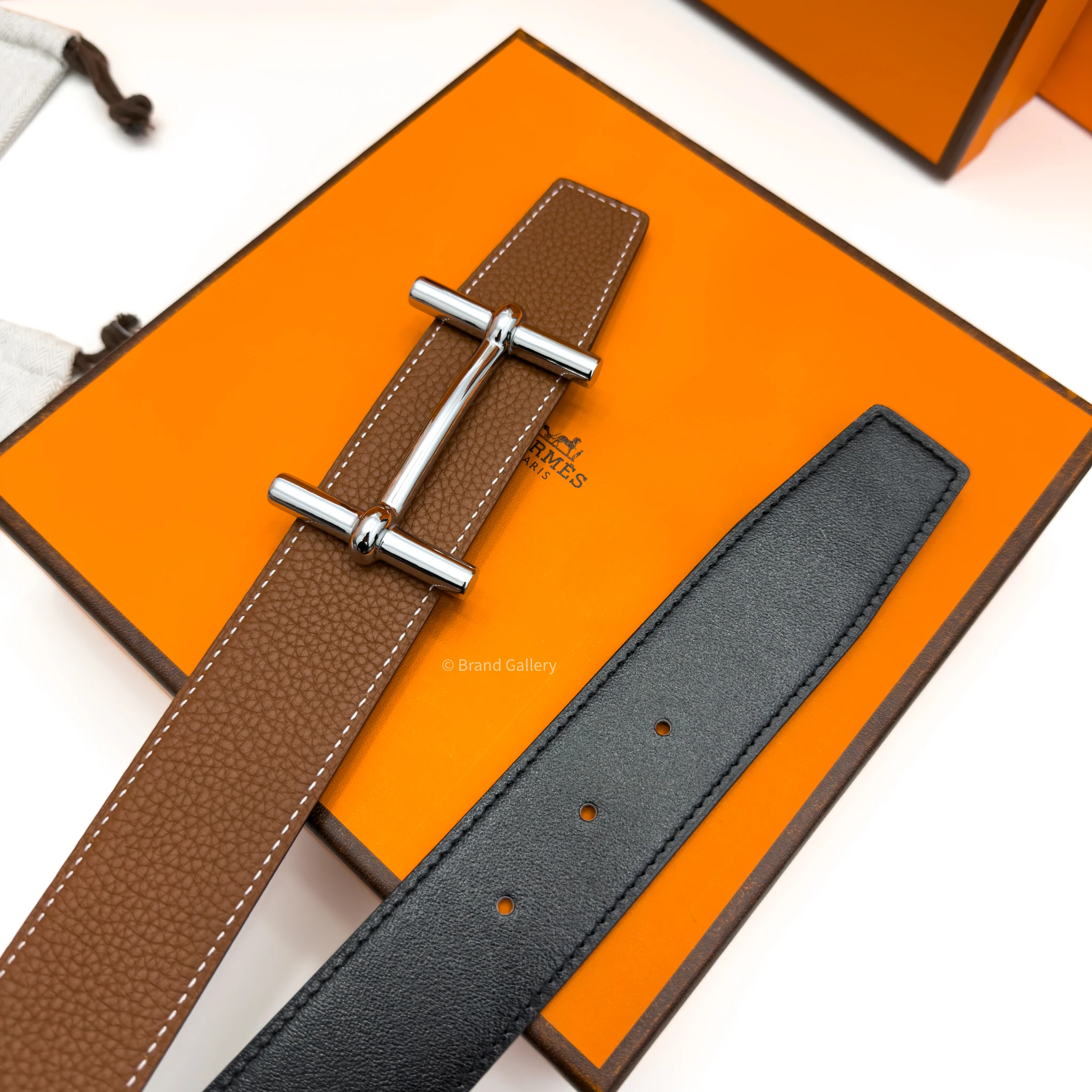 Hermes H Buckle Havan/Black Reversible Belt