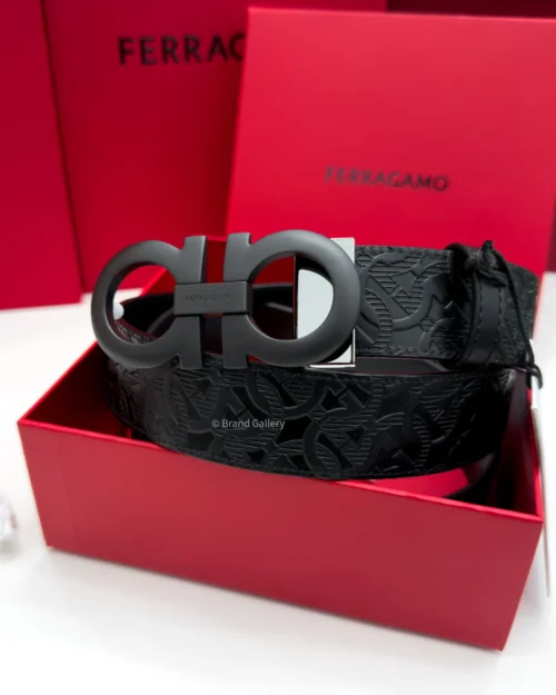 Ferragamo Gancini Matt Black Embossed Leather Belt - Luxury belt - A&A Brand Gallery Egypt