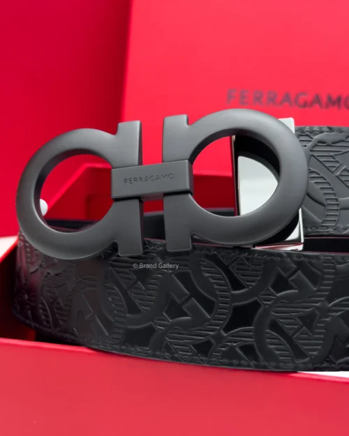 Ferragamo Gancini Matt Black Embossed Leather Belt - Luxury belt - A&A Brand Gallery Egypt