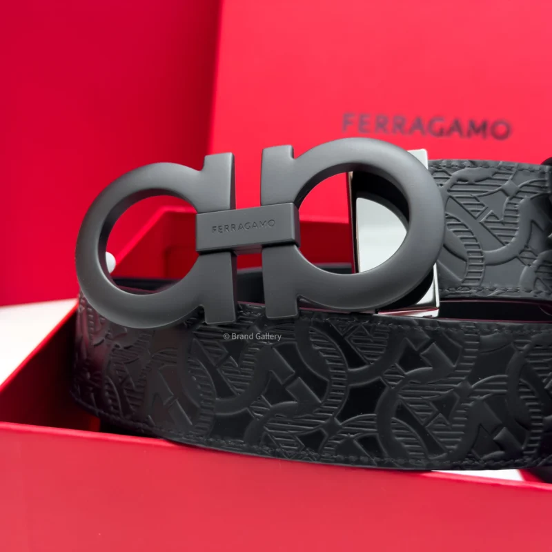 Ferragamo Gancini Matt Black Embossed Leather Belt - Luxury belt - A&A Brand Gallery Egypt