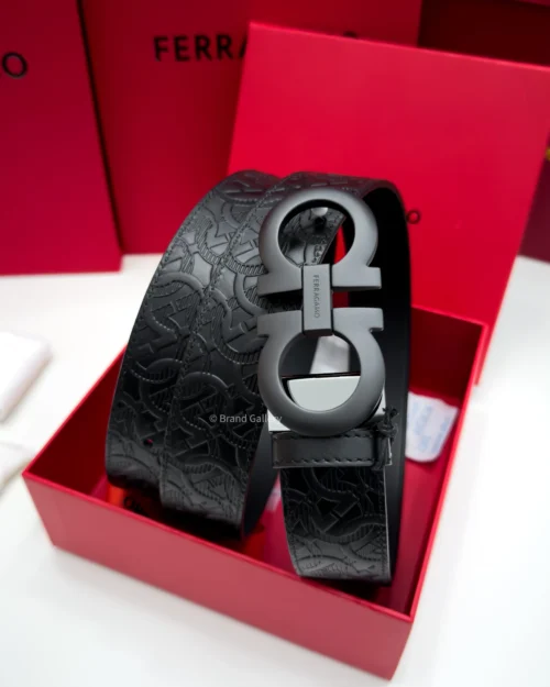 Ferragamo Gancini Matt Black Embossed Leather Belt - Luxury belt - A&A Brand Gallery Egypt