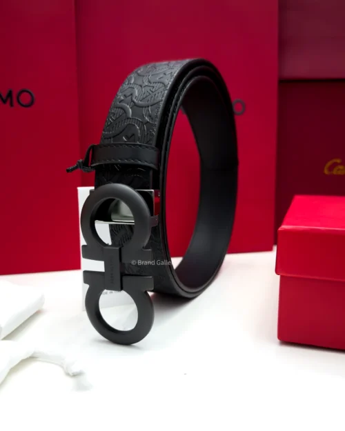 Ferragamo Gancini Matt Black Embossed Leather Belt - Luxury belt - A&A Brand Gallery Egypt
