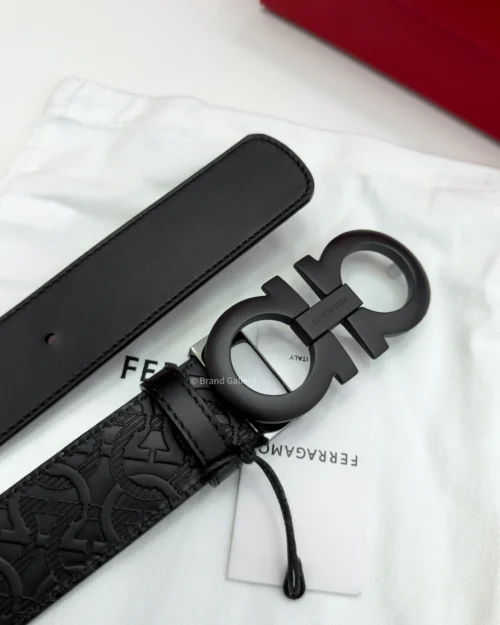 Ferragamo Gancini Matt Black Embossed Leather Belt - Luxury belt - A&A Brand Gallery Egypt