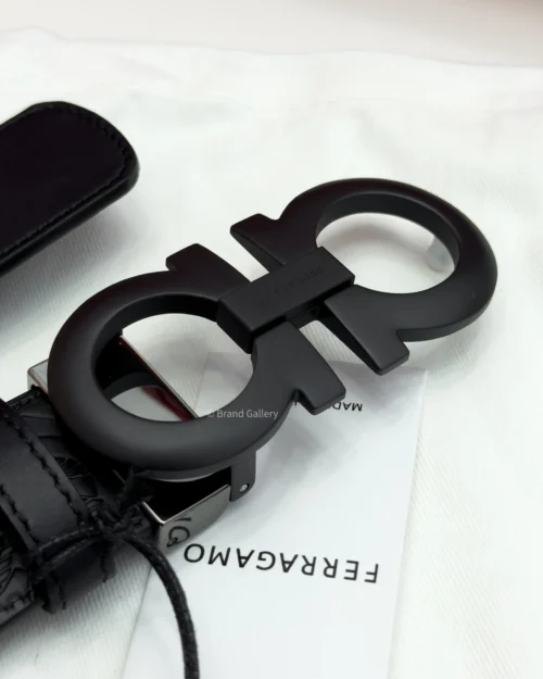 Ferragamo Gancini Matt Black Embossed Leather Belt - Luxury belt - A&A Brand Gallery Egypt