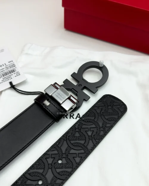Ferragamo Gancini Matt Black Embossed Leather Belt - Luxury belt - A&A Brand Gallery Egypt