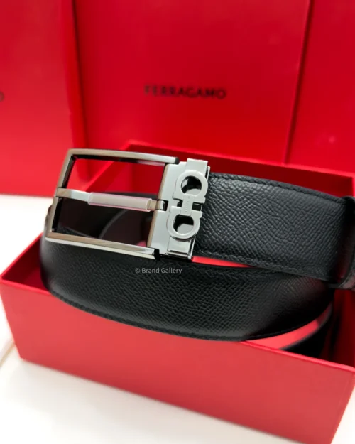Ferragamo Gancini Gun-Metal pebbled Reversible Leather Belt - Luxury belt - A&A Brand Gallery Egypt
