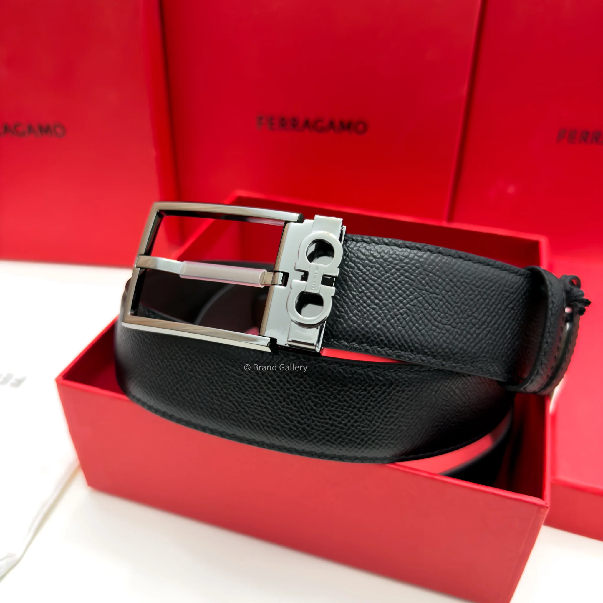 Ferragamo Gancini Gun-Metal pebbled Reversible Leather Belt - Luxury belt - A&A Brand Gallery Egypt