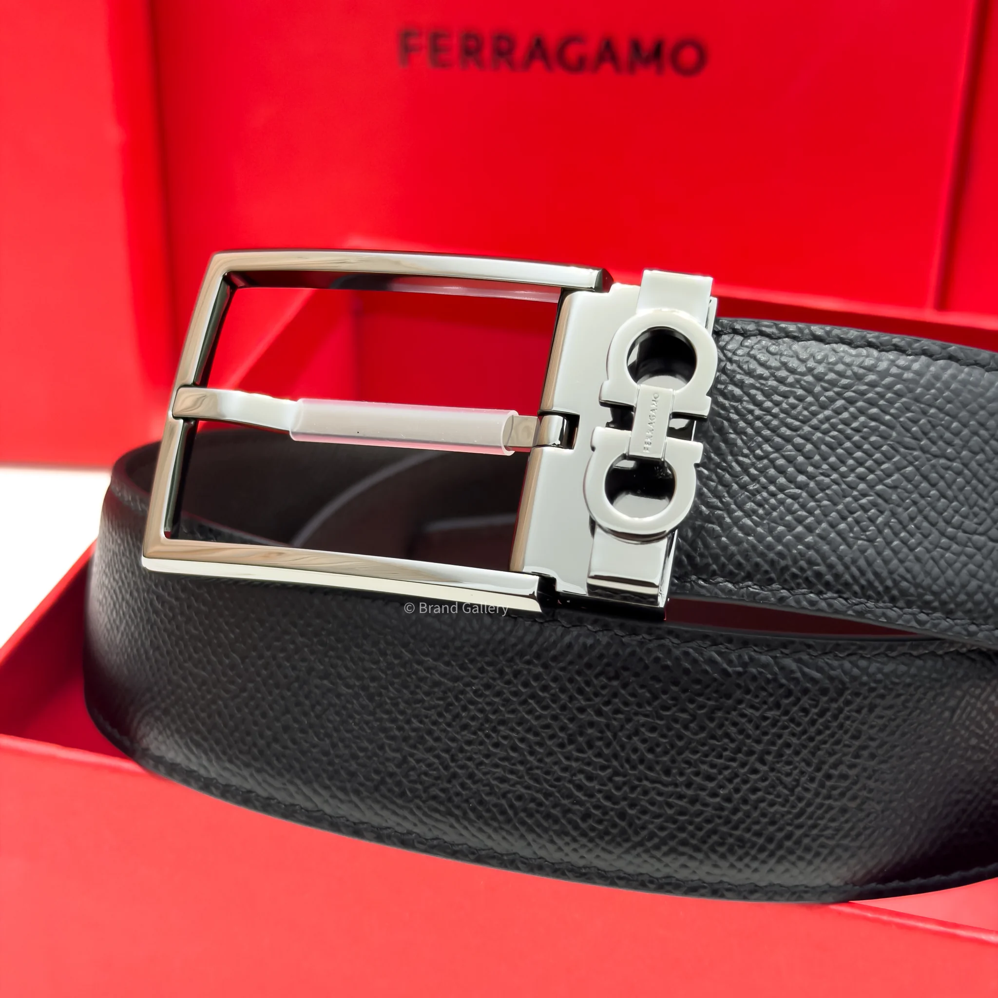 Ferragamo Gancini Gun-Metal pebbled Reversible Leather Belt - Luxury belt - A&A Brand Gallery Egypt